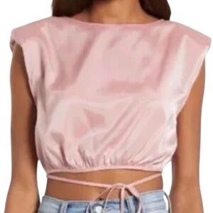 WAYF Pink Satin Alisso Crop Top with Back Button Detail/ Shoulder Pads - Medium